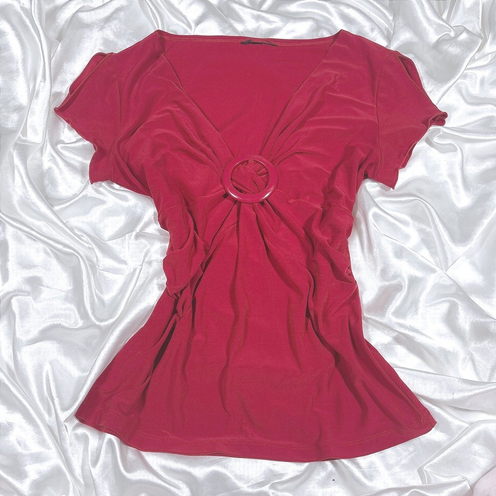 y2k Blouse Red Excellent O-Ring Gathered V-Neck Short Sleeve Top